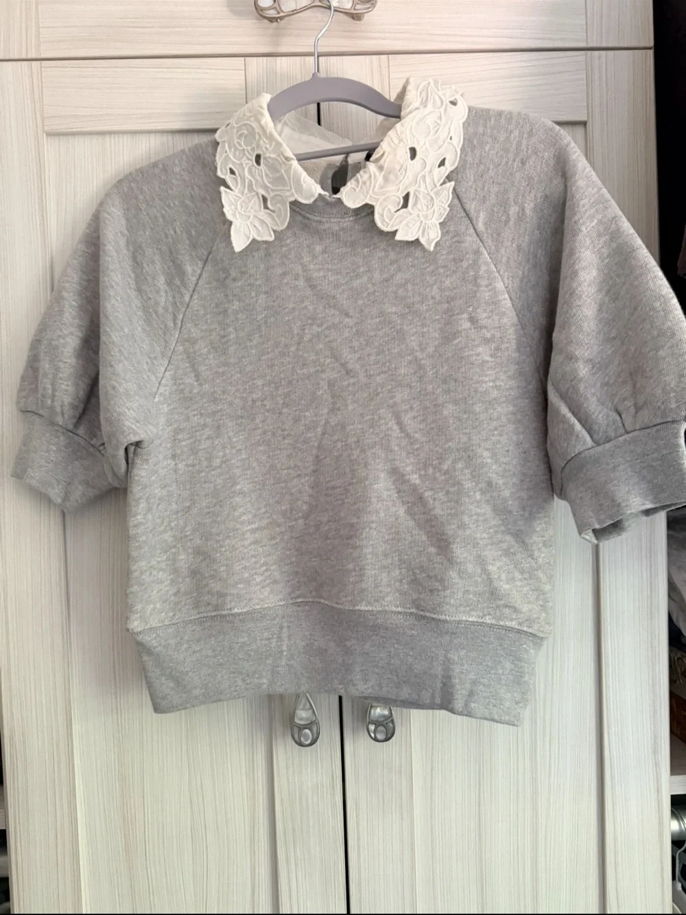 J. Crew Light Gray Sweatshirt with White Floral Lace Collar NWT